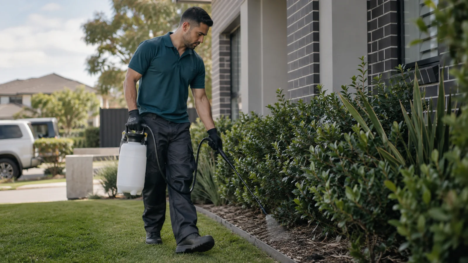 Sherpa Pest Control technician treating the perimeter of a home